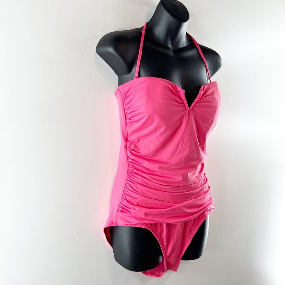 Tommy Bahama Halter Ruched V Cut One Piece Swimsuit Pink 12 - Picture 6 of 7